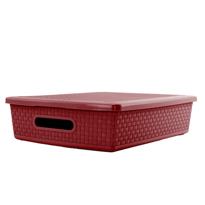 Guateplast Cestas Plásticas Rectangulares Vino 37x29x9 cm | Set de 3, con tapa, estilo ratán, apilables, organización para clósets, oficina