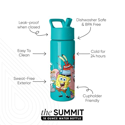 Simple Modern - Botella de agua Summit para niños con tapa de popote, vaso aislado de acero inoxidable de 18 onzas, para niños, niñas, escuela, amigos de Bob Esponja