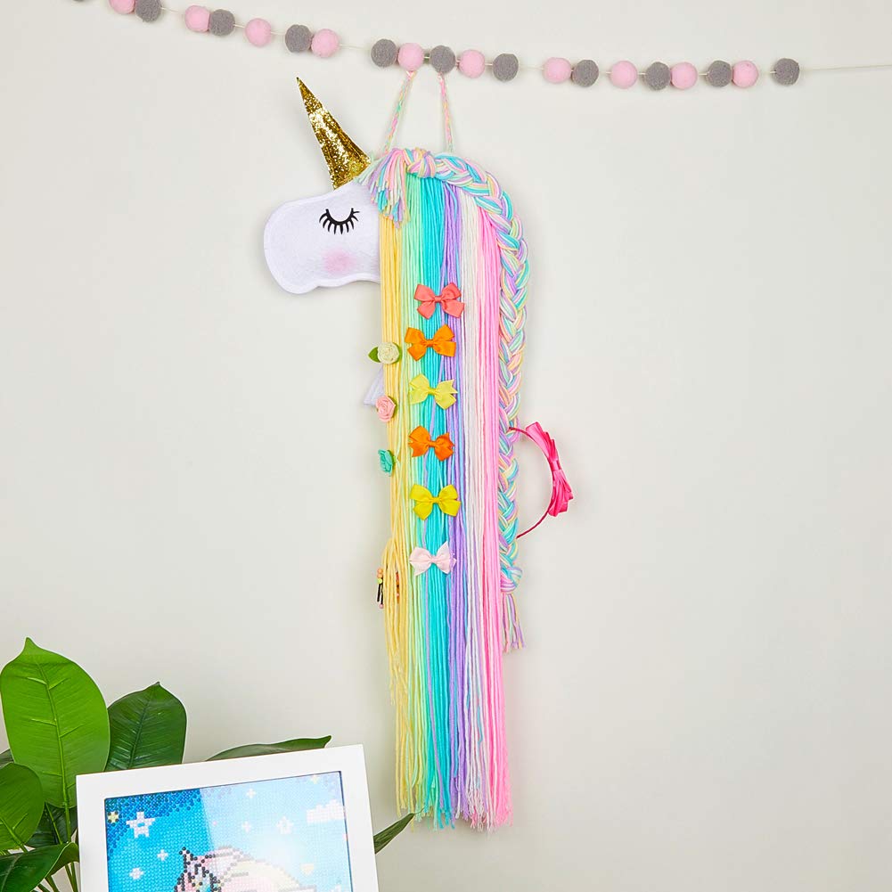 FIOBEE Soporte de lazo para el pelo de unicornio para niñas, organizador de diadema, almacenamiento de unicornio, colgante de pared, decoración del hogar para habitación de niñas