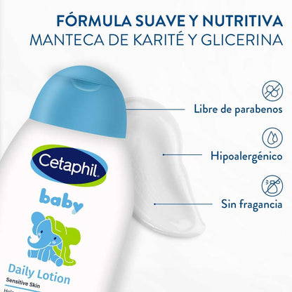 Cetaphil Baby Loción Hidratante Facial y Corporal Piel Sensible 300 ml | Hidrata y protege piel delicada del bebé por 24 h, con glicerina y manteca de karité, libre de parabenos y aceites minerales.