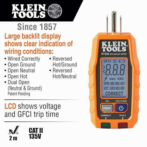 KLEIN TOOLS RT250 | Probador De Tomacorrientes | GFCI | Pantalla LCD