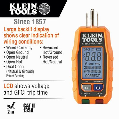 KLEIN TOOLS RT250 | Probador De Tomacorrientes | GFCI | Pantalla LCD