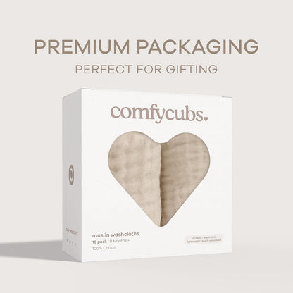 Comfy Cubs Toallitas de Muselina para Bebé (Paquete de 10), Toallas Suaves de 6 Capas de Algodón para Piel Sensible, Grandes, Absorbentes y Delicadas Arena