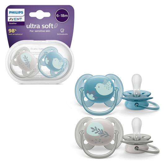 Philips Avent Chupón Ultra Soft Ortodóntico Tropical Azul/Gris | Menos irritación en piel sensible | 98% de aceptación | Suave y flexible | Caja Esterilizadora | 6-18 m | 2 pz | SCF091/15