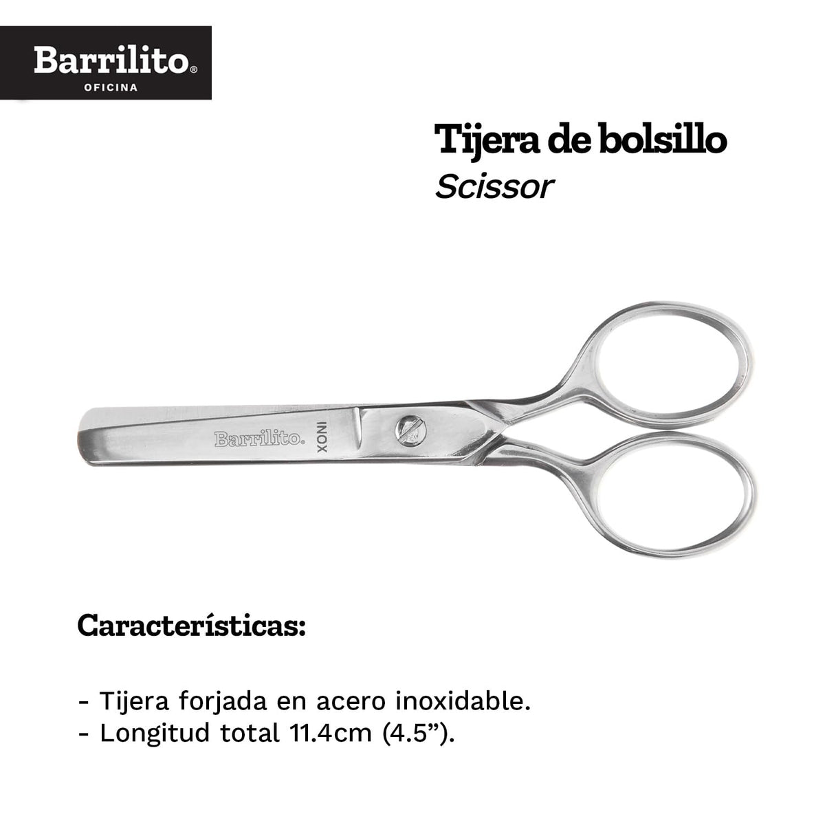 Barrilito Tijera Escolar de Acero Inoxidable de Bolsillo, Punta Roma 11.4cm (4.5pulg). 2013-4.5