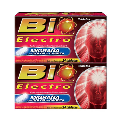 PACK BIO ELECTRO. Auxiliar en el tratamiento de DOLOR de cabeza y MIGRAÑA. Paracetamol 250mg, Ácido Acetilsalicílico 250mg, Cafeína 65mg. 2 cajas con 24 tabletas.