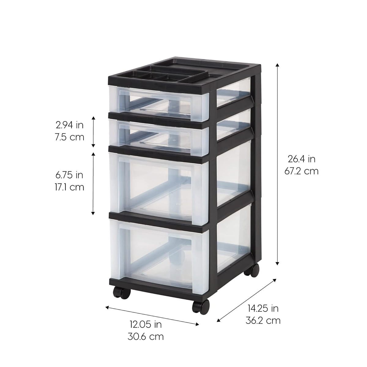 IRIS USA Carrito Organizador con Ruedas de 4 Cajones, Negro/Transparente | Organiza manualidades, artículos de oficina, salón y accesorios con cajones de fácil acceso para uso diario