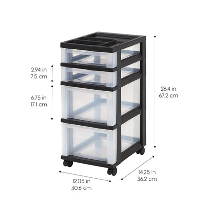 IRIS USA Carrito Organizador con Ruedas de 4 Cajones, Negro/Transparente | Organiza manualidades, artículos de oficina, salón y accesorios con cajones de fácil acceso para uso diario