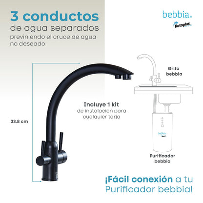 Rotoplas Bebbia Grifo 3 Vías Negro Mate Arco | Agua fría, caliente y purificada, acero inoxidable, conductos separados
