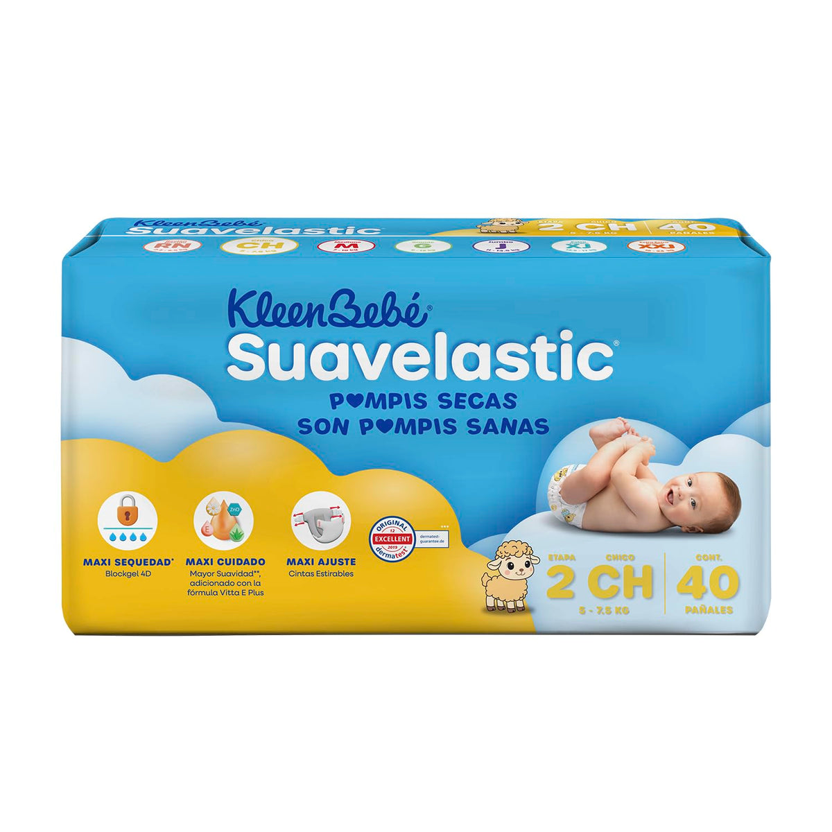 KleenBebé Suavelastic Pañal Desechable para Bebé, Talla Chico Unisex, Paquete con 40 Piezas, Ideal para Bebés de 5 a 7.5 kg