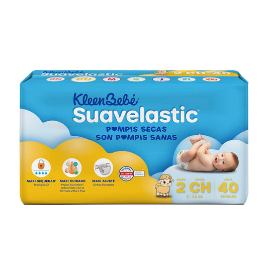 KleenBebé Suavelastic Pañal Desechable para Bebé, Talla Chico Unisex, Paquete con 40 Piezas, Ideal para Bebés de 5 a 7.5 kg