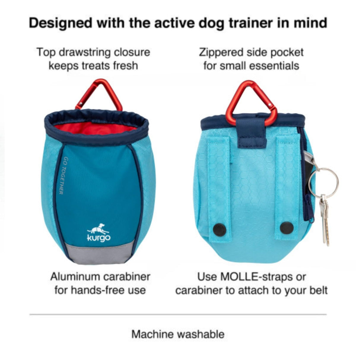Kurgo Dog Training Treat Pouch Bag, Treat Bags for Dogs, Portable Pet Pocket Waist Clip Bag, Reflective Snack Bag for Pets, Includes Clip & Carabiner, Go Stuff-It Bag, Coastal Blue