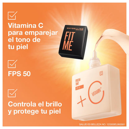 Maybelline Base de maquillaje Fit Me Fresh Tint 10.5, 30 ml, larga duración, alta cobertura, para todo tipo de piel, fórmula con Vitamina C y protector solar FPS50