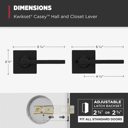 Kwikset Casey - Manija de puerta de paso interior (4 unidades, palanca para puertas de clóset y pasillo, palanca reversible sin bloqueo, color negro mate, con protección Microban