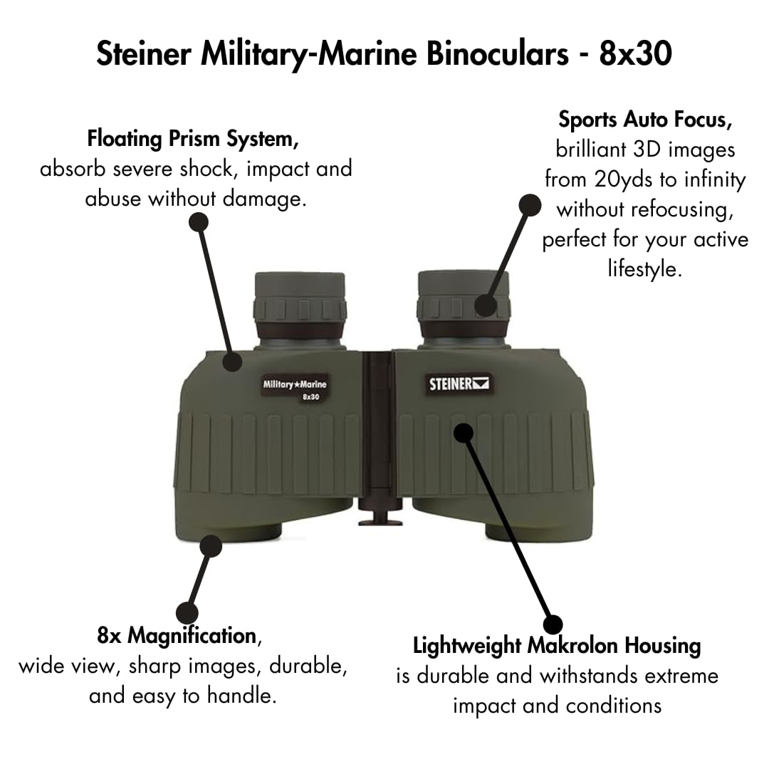 Steiner Military/Marine 8x30 Binocular | Óptica de alto contraste totalmente revestida, absorción de golpes de prisma flotante, impermeable, garantía de patrimonio
