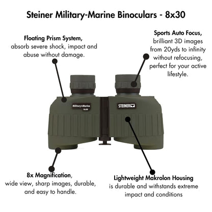 Steiner Military/Marine 8x30 Binocular | Óptica de alto contraste totalmente revestida, absorción de golpes de prisma flotante, impermeable, garantía de patrimonio