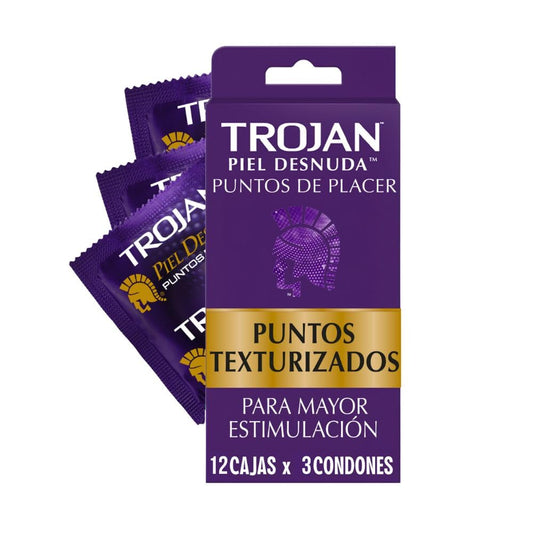 Trojan Condones Piel Desnuda Puntos de Placer Caja con 36 piezas. Con Puntos Texturizados y Elevados, Lubricados para Mayor Estimulación. Con Látex de Primera Calidad y Probados Electrónicamente