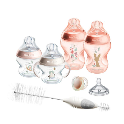 Tommee Tippee Natural Start Baby’s First Bottle Set, 2 x 5oz and 2 x 9oz Anti-Colic Bottles, Slow and Medium Flow Nipples, 0-6 month Pacifier, Self-Sterilizing, Pink