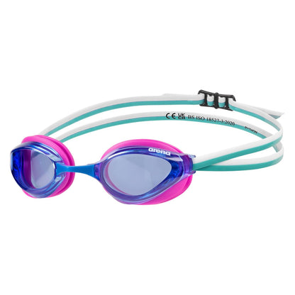 ARENA - anteojos de natación unisex de Python Racing para hombres y mujeres, antivaho, sin fugas, máxima comodidad, doble correa, lente espejo/sin espejo - Lente sin espejo - Azul-fucsia-agua