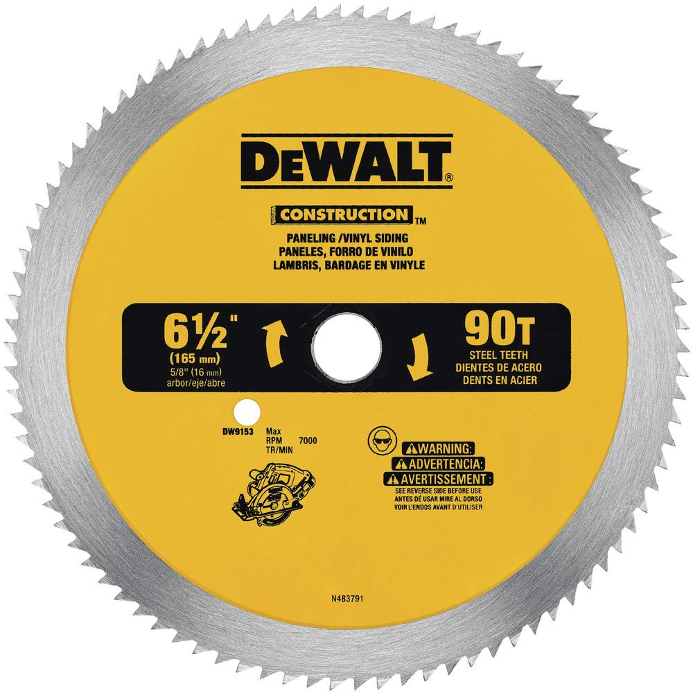 DEWALT Hoja de sierra circular de 6-1/2 pulgadas para paneles/vinilo, 90 dientes (DW9153), color amarillo