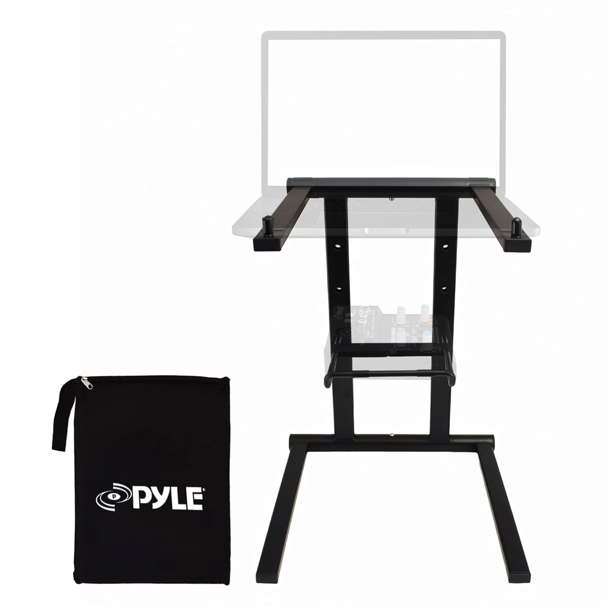 Pyle PLPTS47 - Soporte universal para equipo de estudio, soporte de mesa, estación de trabajo con sistema de sonido DJ y estantes de dos niveles, Dobladillo