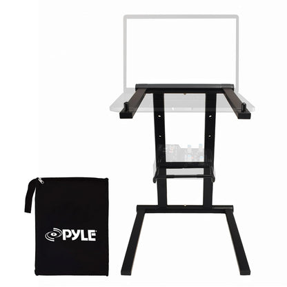 Pyle PLPTS47 - Soporte universal para equipo de estudio, soporte de mesa, estación de trabajo con sistema de sonido DJ y estantes de dos niveles, Dobladillo