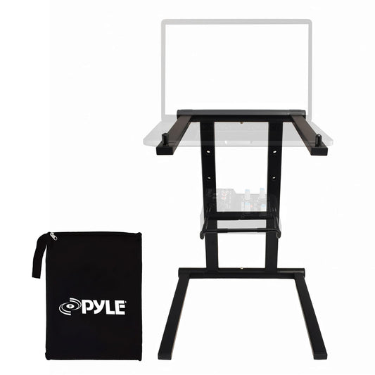 Pyle PLPTS47 - Soporte universal para equipo de estudio, soporte de mesa, estación de trabajo con sistema de sonido DJ y estantes de dos niveles, Dobladillo