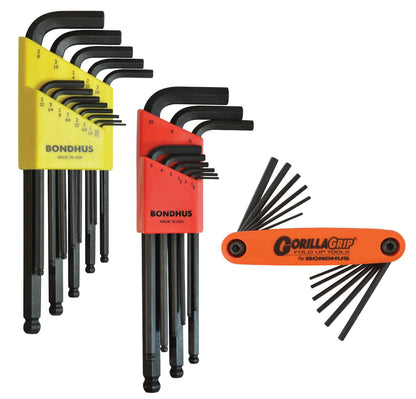 Bondhus 14130 Paquete triple, juego de llaves en L #10937 (.050-3/8 pulgadas) y #10999 (1.5-10 mm), y juego plegable hexagonal GorillaGrip #12550 (5/64-5/32 y 1.5-5 mm)