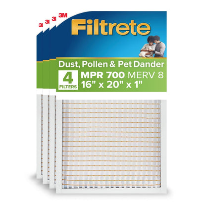 Filtrete Filtro de aire para horno de CA de 16 x 20 x 1, MERV 8, MPR 700, resistente al polen, fácil de fluir de aire, filtro de limpieza electrostática de aire plisado de 3 meses, paquete de 4 - 16x20x1 - Paquete de 4 - MPR 700 Merv 8