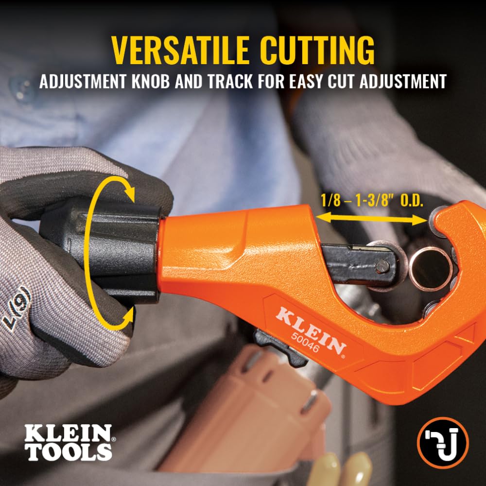 Klein Tools 50046 Cortador de Tubos de Oscilación Constante para Cobre y Aluminio, 1/8 a 1 3/8 Pulgadas D.E. con Herramienta de Desbarbado y Cuchilla de Repuesto