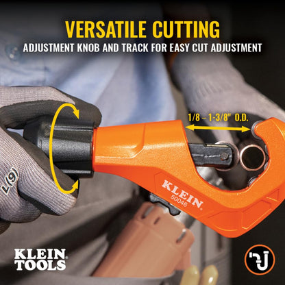 Klein Tools 50046 Cortador de Tubos de Oscilación Constante para Cobre y Aluminio, 1/8 a 1 3/8 Pulgadas D.E. con Herramienta de Desbarbado y Cuchilla de Repuesto