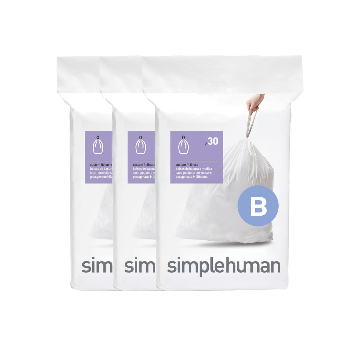 simplehuman Código B - 90 Bolsas Custom Fit con Cordón, Blanco | Cordón para Cierre Fácil, Dispensado Uno por Uno, Extra Gruesas y de Doble Costura, 50% Plástico PCR, 6 L / 1.6 Gal