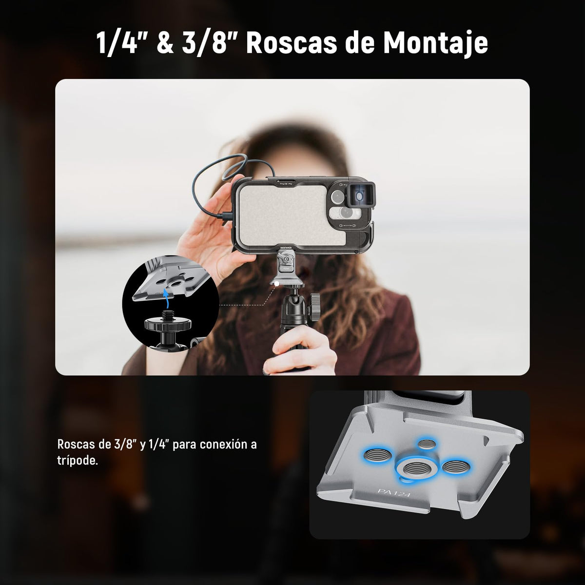 NEEWER Móvil Trípode Soporte Mount con Base Tipo Arca, Rosca 1/4", Liberación Rápida Clamp Compatible con iPhone 16 Pro MAX S25 Ultra Phone Cage dji RS4 Mini R4 Pro RS3 Pro RS2 RSC2, Plateado, PA124