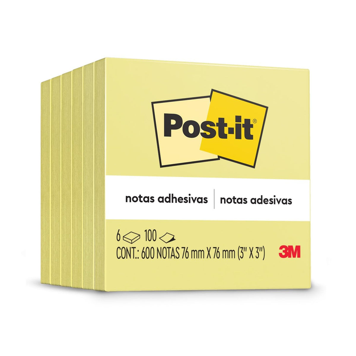 POST-IT 3M Notas Adhesivas Reposicionables Color Amarillo Canario 600 hojas | Ideales para planear y organizar, Adhesivo original, 76 x 76mm, Multiusos, 6 pads con 100 piezas c/u