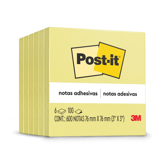 POST-IT 3M Notas Adhesivas Reposicionables Color Amarillo Canario 600 hojas | Ideales para planear y organizar, Adhesivo original, 76 x 76mm, Multiusos, 6 pads con 100 piezas c/u