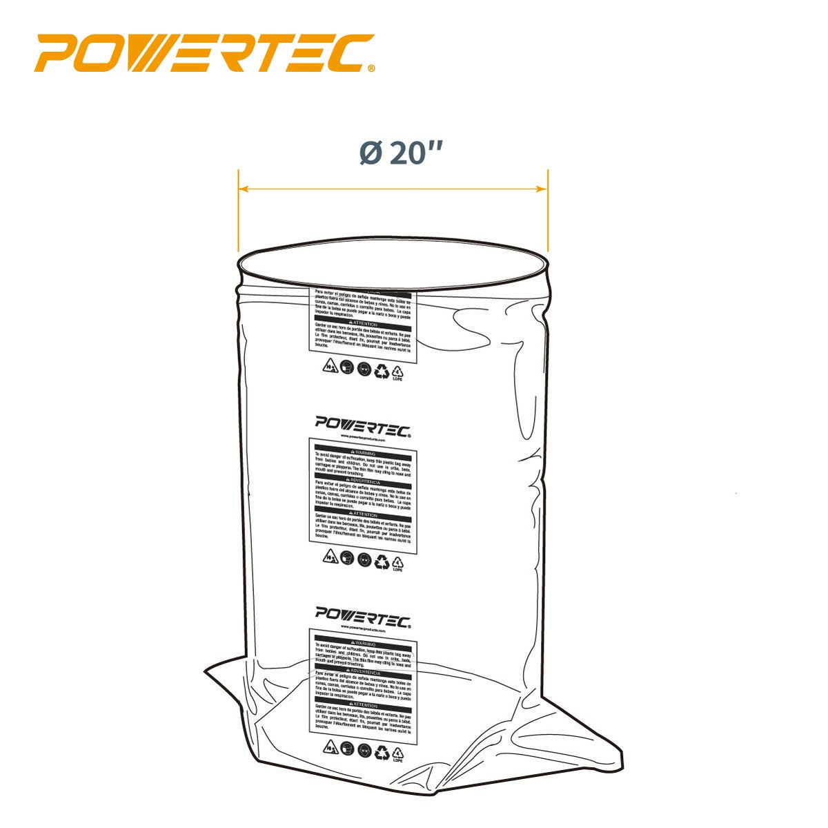 POWERTEC 70002 Bolsas de plástico transparente para recolección de polvo, 20 x 43 pulgadas, bolsas colectoras de polvo para máquina con tambor de filtro de 20 pulgadas, paquete de 5