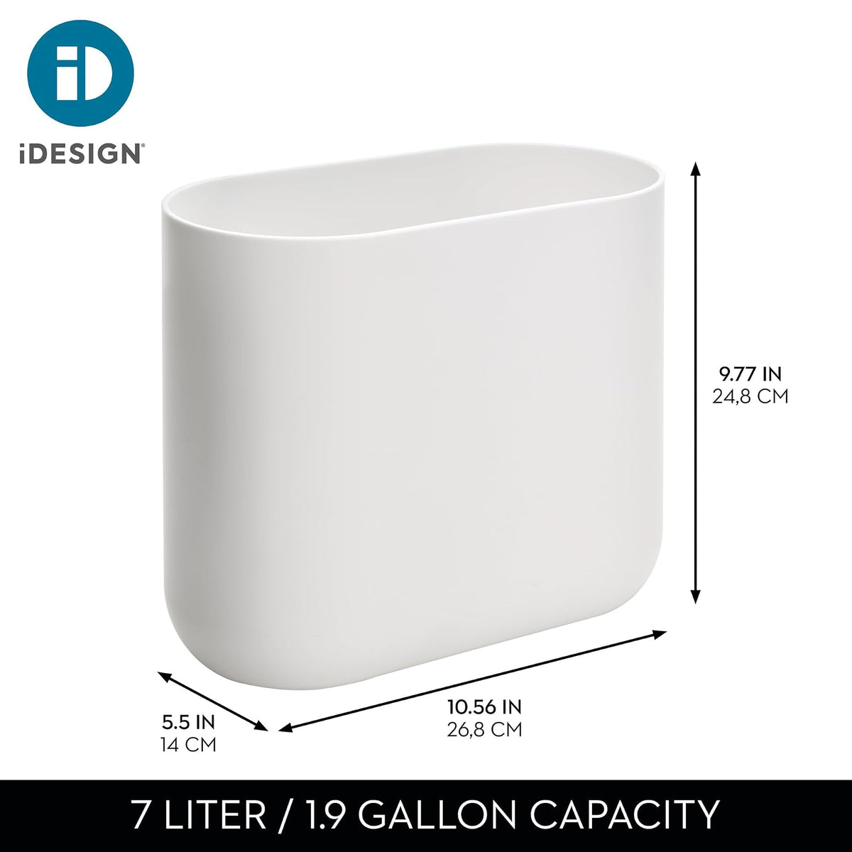 iDesign - Juego de 2 botes de plástico ovalados pequeños para baño, recámara u oficina, color blanco