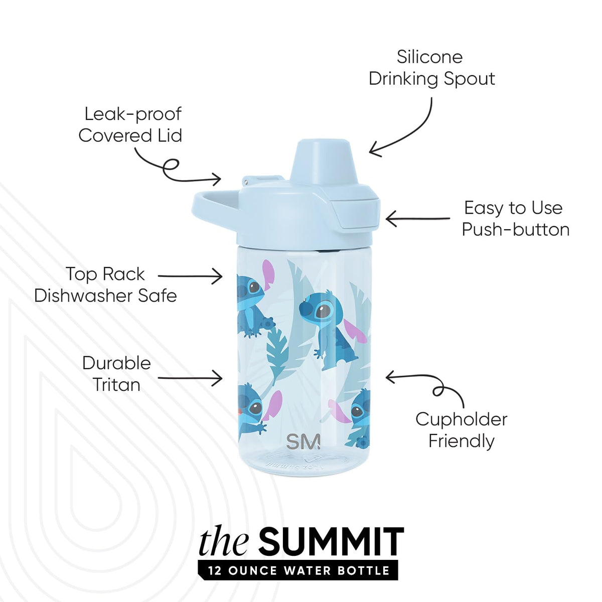 Simple Modern - Botella de agua de plástico Tritan Summit para niños, diseño de punto Disney de 12 onzas, sin BPA, con tapa cubierta a prueba de fugas, para niñas, niños y niños pequeños, puntada