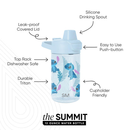 Simple Modern - Botella de agua de plástico Tritan Summit para niños, diseño de punto Disney de 12 onzas, sin BPA, con tapa cubierta a prueba de fugas, para niñas, niños y niños pequeños, puntada
