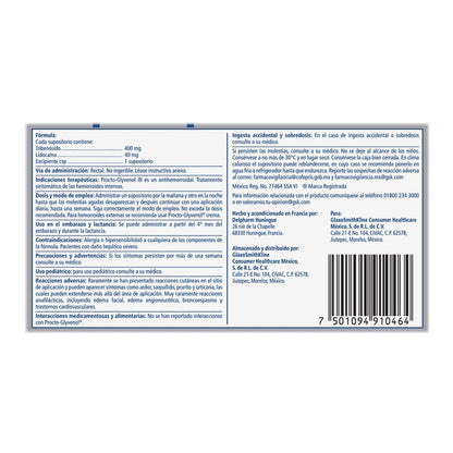 Procto-Glyvenol, Supositorios 400mg, Elimina Hemorroides, para el Dolor, Ardor y Comezón, 5 unidades