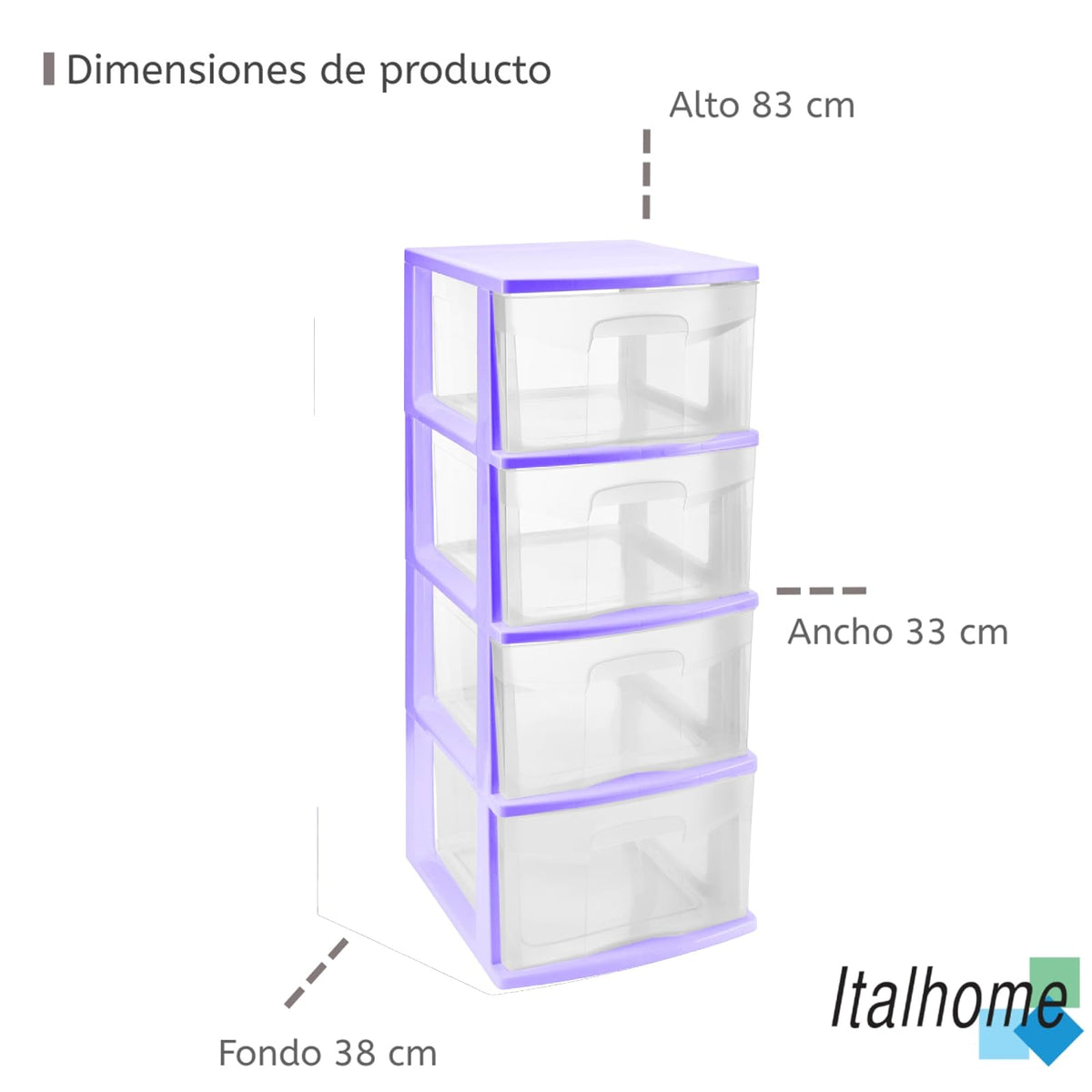 Italhome Cajonera ONYX 4 de Plástico Lila con 4 Cajones Transparentes, Organizador Multiusos para Recámara, Oficina o Cocina