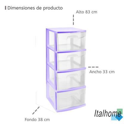Italhome Cajonera ONYX 4 de Plástico Lila con 4 Cajones Transparentes, Organizador Multiusos para Recámara, Oficina o Cocina