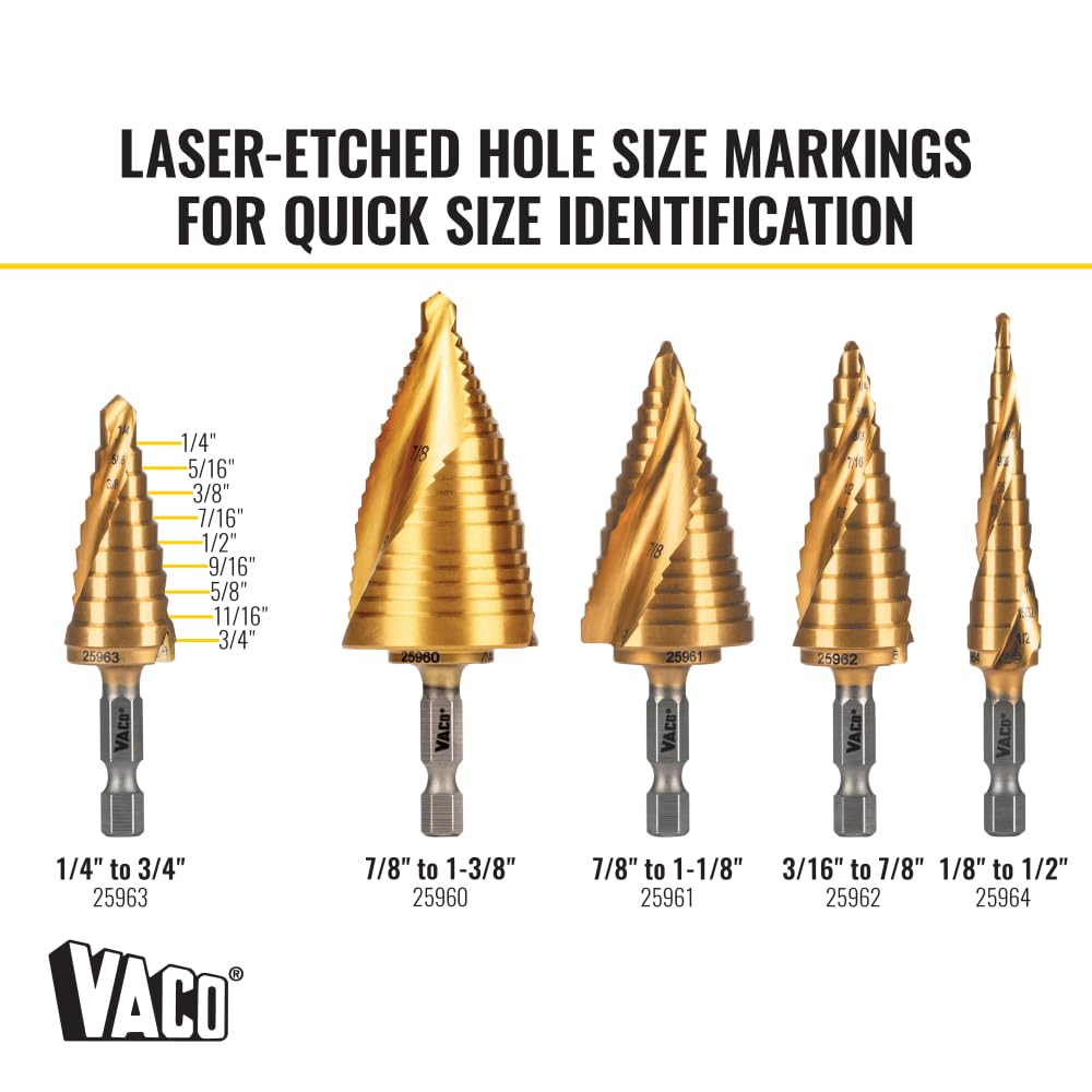 Klein Tools 25963 Broca escalonada, de 1/4 a 3/4 pulgadas, espiral de doble vuelta, corta metal fino, plástico, aluminio, madera, vástago hexagonal de 1/4 pulgadas, VACO