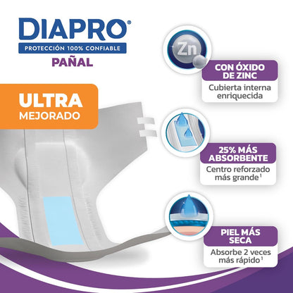Diapro Pañal Anatómico Desechable para Incontinencia, Talla Grande, Unisex, Caja con 40 Piezas (4 paquetes de 10 piezas c/u), con protección trasera