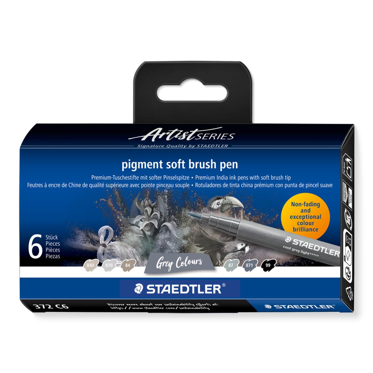 STAEDTLER Pigment Arts - Bolígrafo de pincel suave, color gris, paquete de 6 bolígrafos, 372 C6