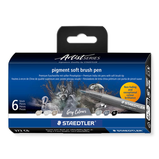 STAEDTLER Pigment Arts - Bolígrafo de pincel suave, color gris, paquete de 6 bolígrafos, 372 C6