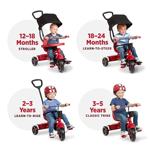 Bicicleta para niños pequeños, Triciclo para niños de 2 a 4 años, Juguete de bebé, Volante de Radio 4 en 1 Stroll 'N Trike, para Edades de 1 a 5 años, Rojo (Exclusivo de )
