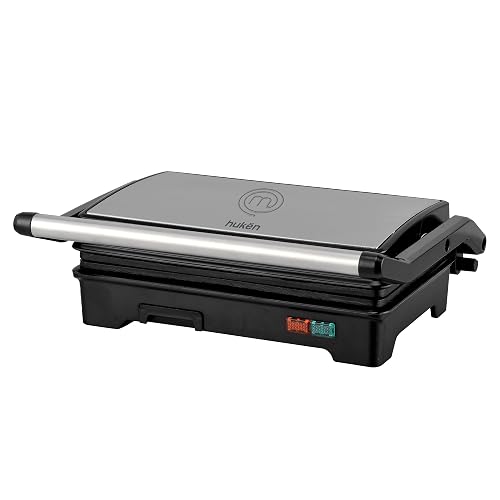 Hukën x MasterChef | Parrilla Eléctrica Multifuncional | Panini GRILL+ 2 Rebanadas | Apertura 180° | Antiadherente de Alto Nivel | Calentamiento Rápido | Temperatura Automática | Acero Inoxidable