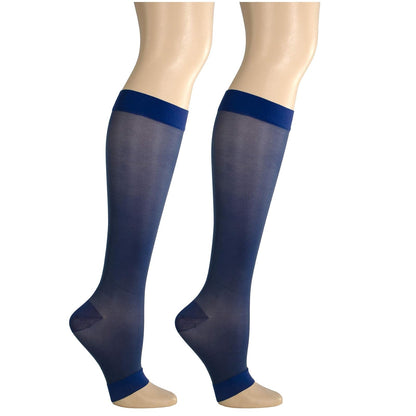 Truform - Medias de compresión transparentes para mujer, longitud hasta la rodilla, puntera abierta, 20 denier, azul, talla 3XL