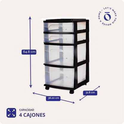 HOMZ 05564BKDC.01 4 - Carrito de Almacenamiento, Juego de 1, Marco Negro/cajones Transparentes